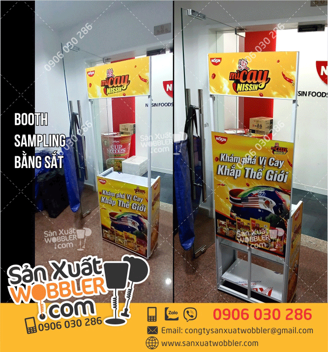Sản-xuất-Booth-sampling-chất-liệu-sắt-Nissin-60cmx180cm