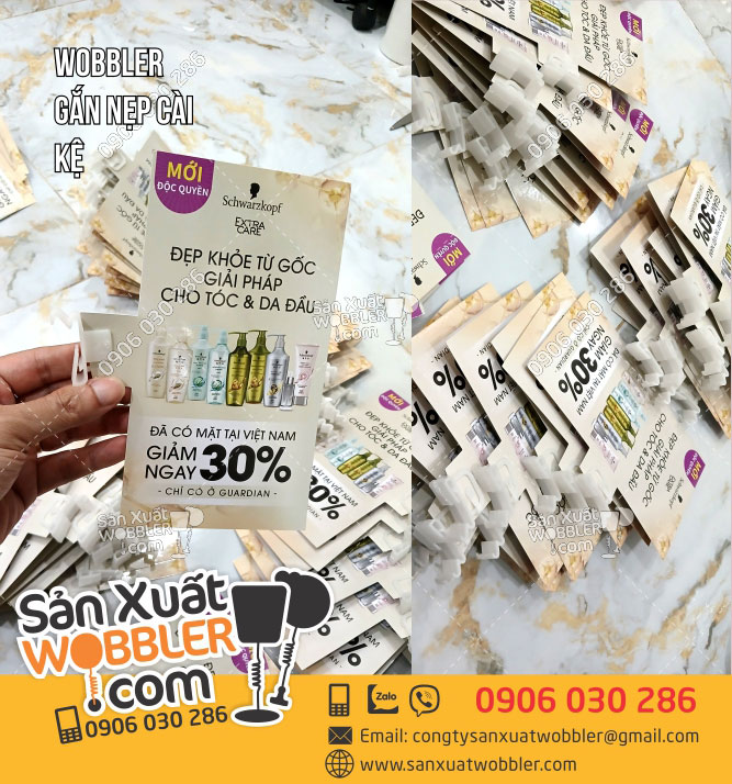 Sản-xuất-Wobbler-gắn-nẹp-cài-kệ-sản-phẩm-dầu-gội